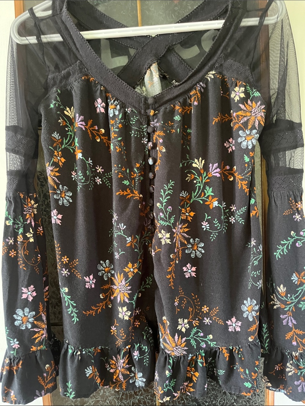 Buffalo David Bitton Black Floral Mesh Sleeve Tunic